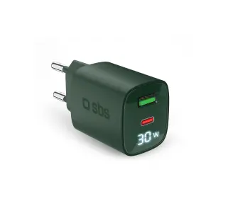Ładowarka sieciowa SBS LCD GaN PD30W USB-C USB-A Zielony