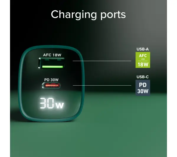 SBS LCD GaN PD30W USB-C USB-A Zielony