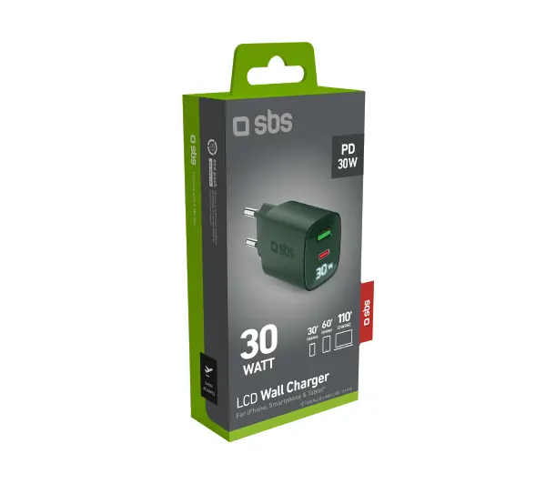 SBS LCD GaN PD30W USB-C USB-A Zielony