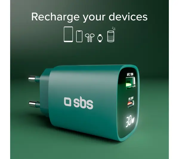 SBS LCD GaN PD30W USB-C USB-A Zielony