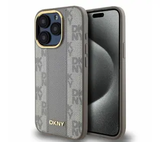 DKNY Leather Checkered Mono Pattern MagSafe do iPhone 15 Pro Beżowy