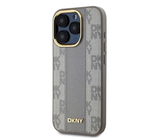 DKNY Leather Checkered Mono Pattern MagSafe do iPhone 15 Pro Beżowy