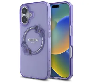 Guess IML Flowers Wreath MagSafe do iPhone 16 Fioletowy