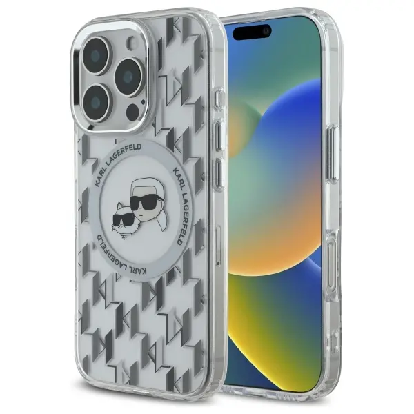 Etui Karl Lagerfeld IML Monogram Karl&Choupette Head MagSafe do iPhone 16 Pro Przezroczysty