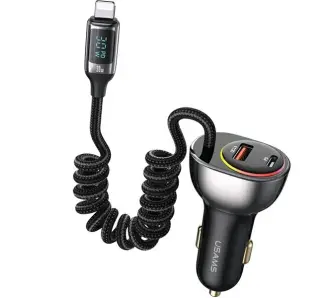 Ładowarka samochodowa USAMS 1xUSB+1xUSB-C 60W + kabel Ligtning 30W PD+QC Fast Charge Czarny