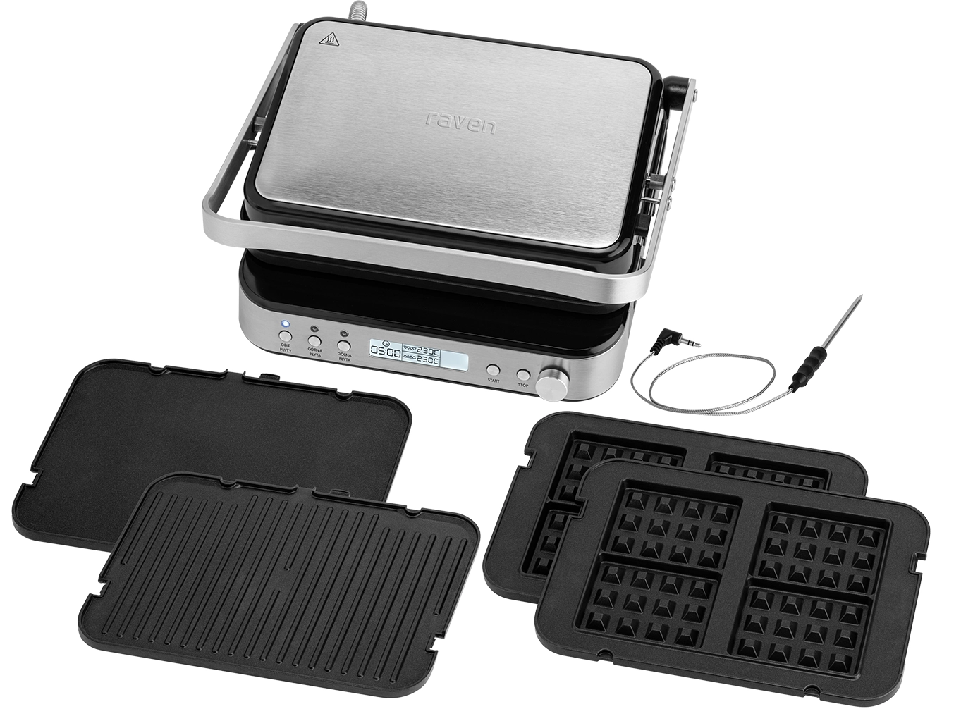 Grill elektryczny Raven EGE005 Pro Termosonda Rozkładany 3w1 Płyty do gofrów 2000W