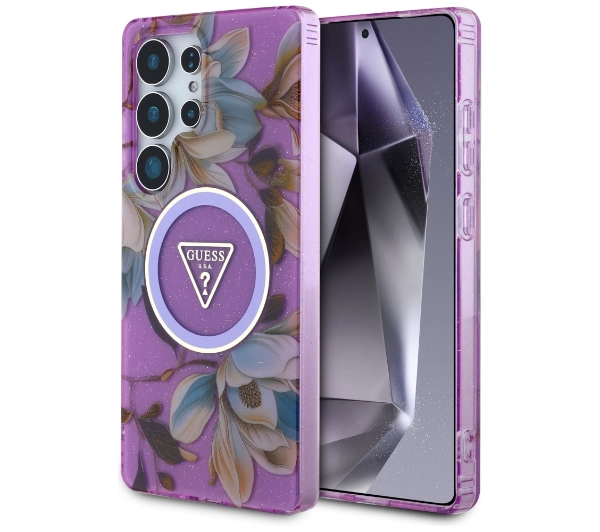 Guess Glitter Flowers Triangle Buttons MagSafe do Galaxy S25 Ultra Fioletowy