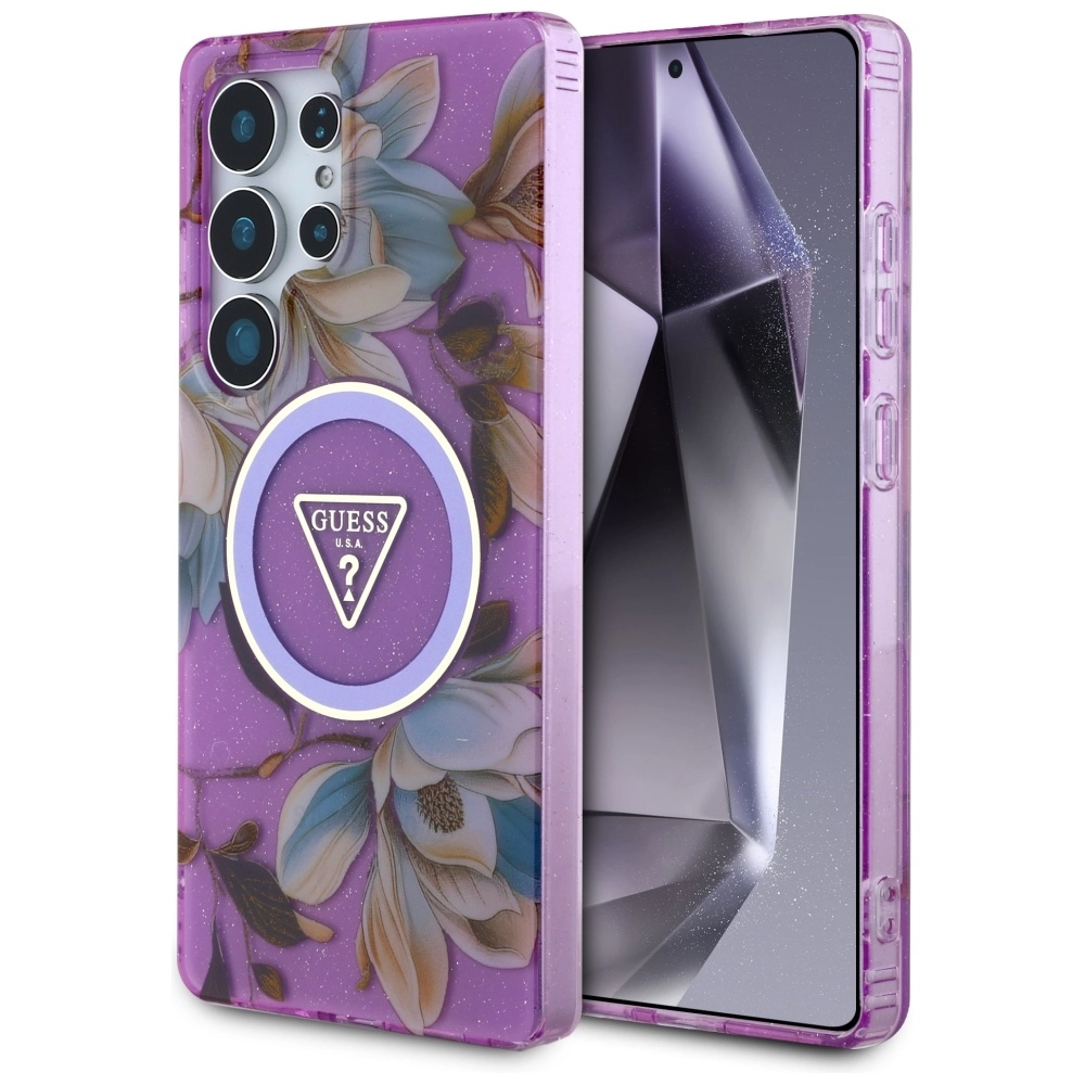Etui Guess Glitter Flowers Triangle Buttons MagSafe do Galaxy S25 Ultra Fioletowy
