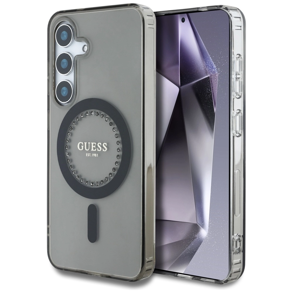 Etui Guess Rhinestones Printed Classic Logo MagSafe do Galaxy S25 Czarny