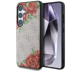 Guess Leather 4G Flowers Print Metal Classic Logo MagSafe Galaxy S25 Różowy