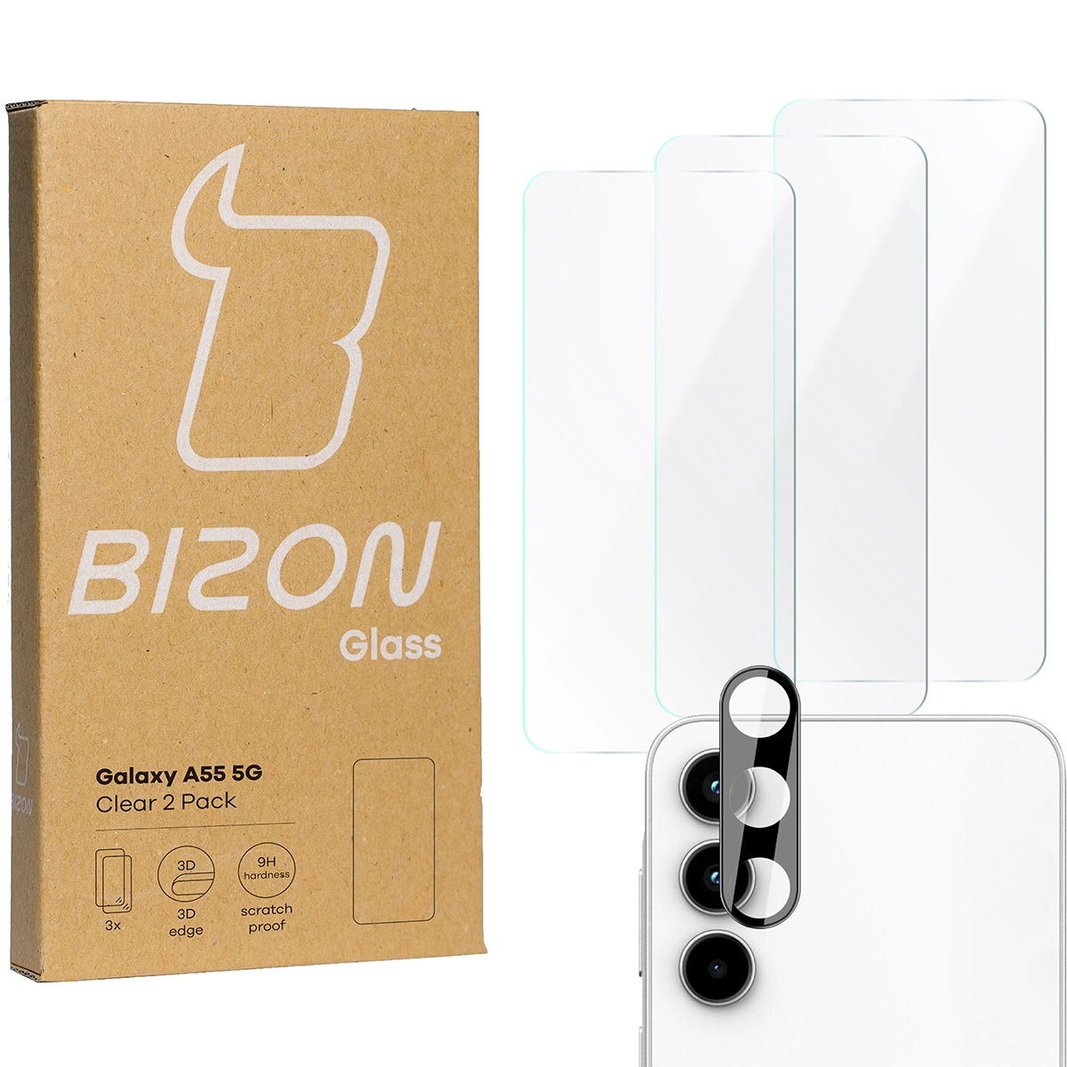 Zestaw ochronny Bizon 3x szkło + szybka na aparat Clear 2 Pack do Galaxy A55 5G