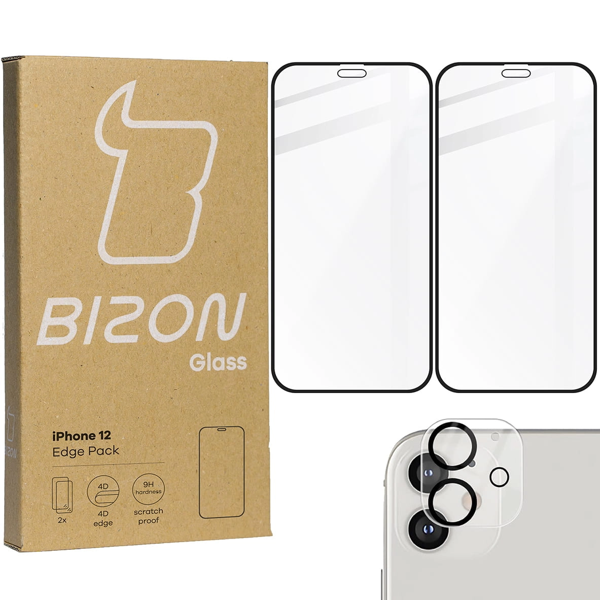 Zestaw ochronny Bizon 2x szkło hartowane + ochrona na obiektyw iPhone 12 czarne