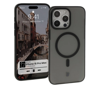 Etui Bizon MatteO z MagSafe do iPhone 15 Pro Max Półprzezroczyste z czarną ramką