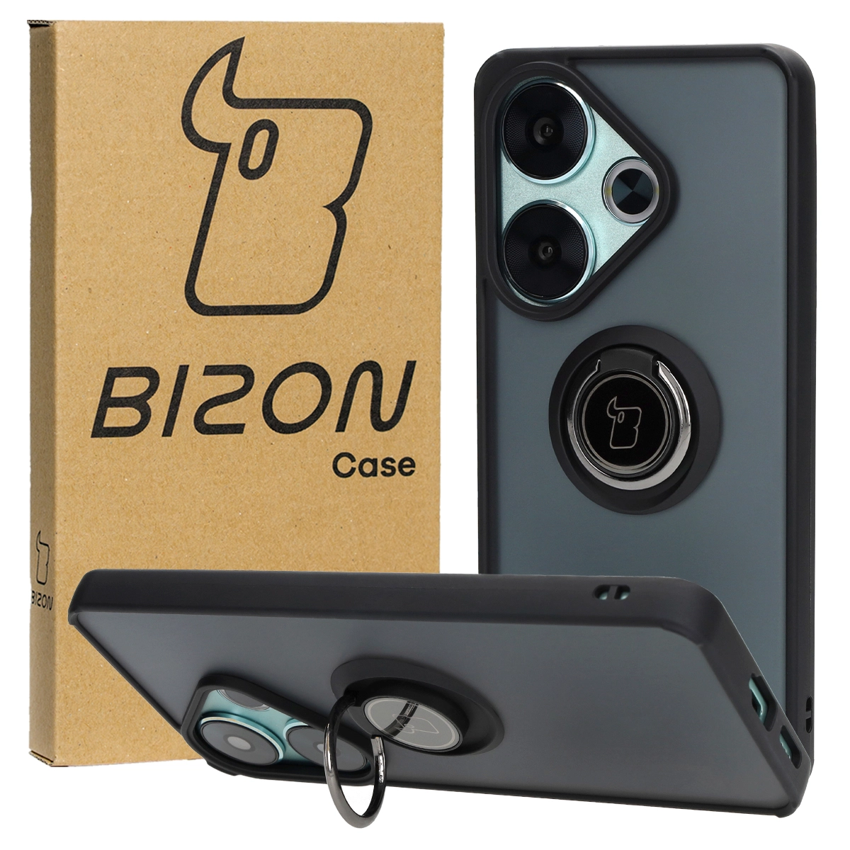 Etui Bizon z uchwytem na palec Hybrid Ring do Xiaomi Poco F6 Przydymione z czarną ramką