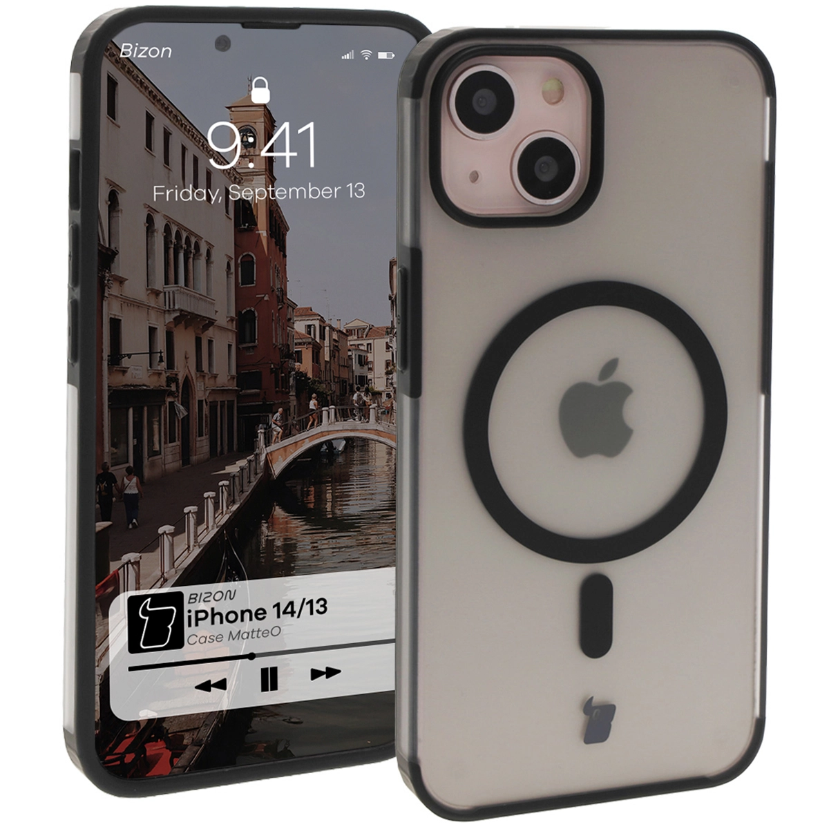 Etui Bizon MatteO z MagSafe  do iPhone 14 / iPhone 13 Półprzezroczyste z czarną ramką