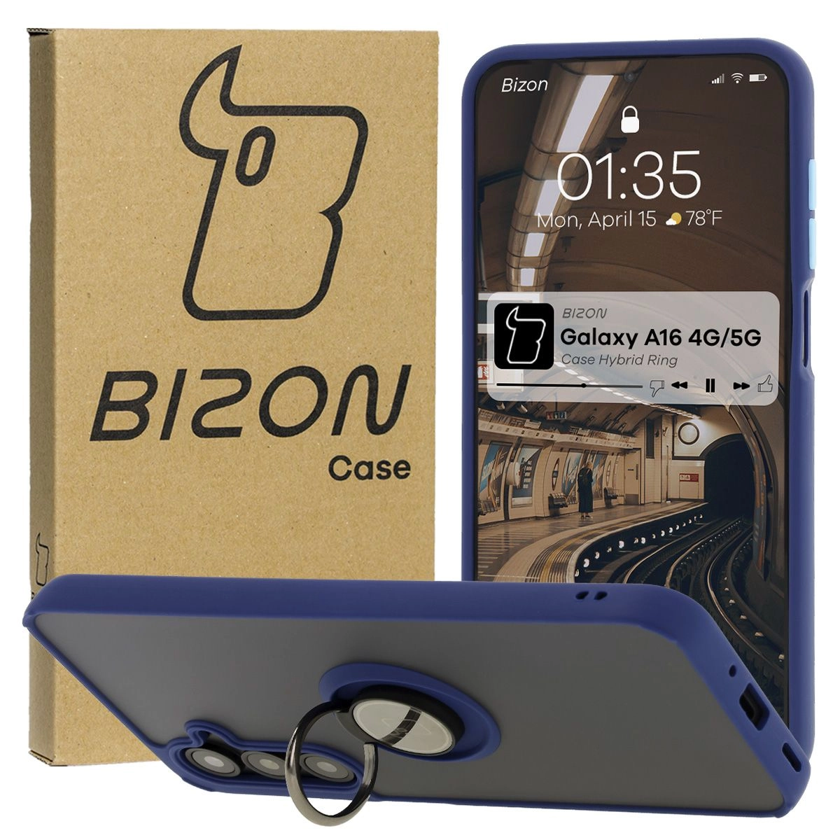 Etui Bizon z uchwytem na palec Hybrid Ring do Galaxy A16 4G/5G Przydymione z granatową ramką