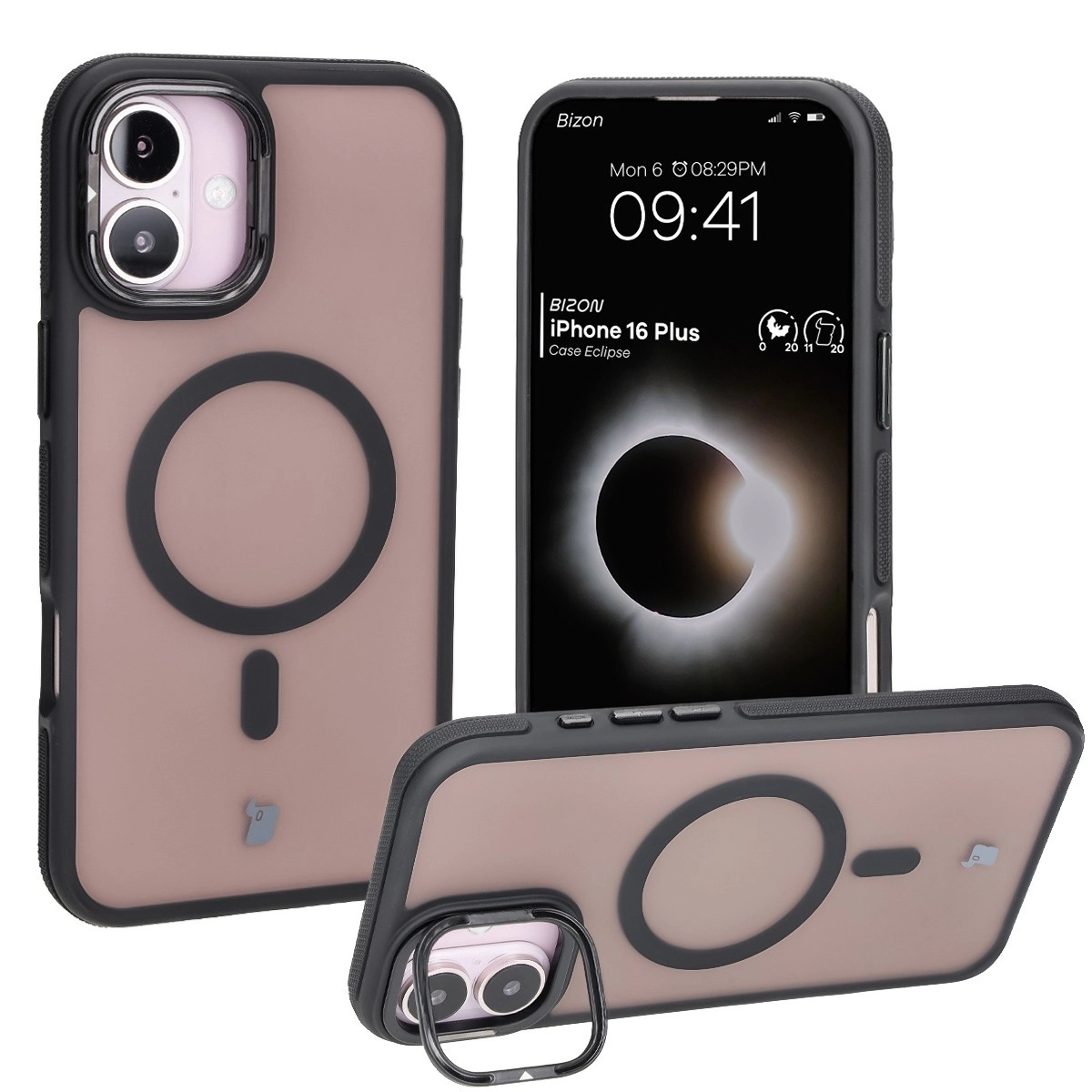 Etui Bizon Eclipse z MagSafe i podstawką do iPhone 16 Plus Przydymione z czarną ramką