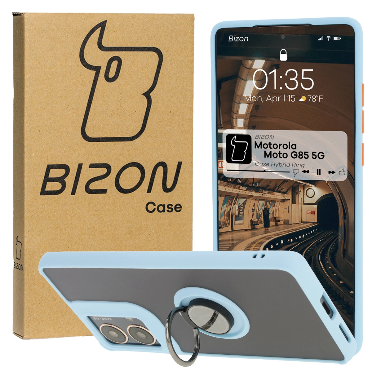 Etui Bizon z uchwytem na palec Hybrid Ring do Motorola Moto G85 5G Przydymione z jasnoniebieską ramką