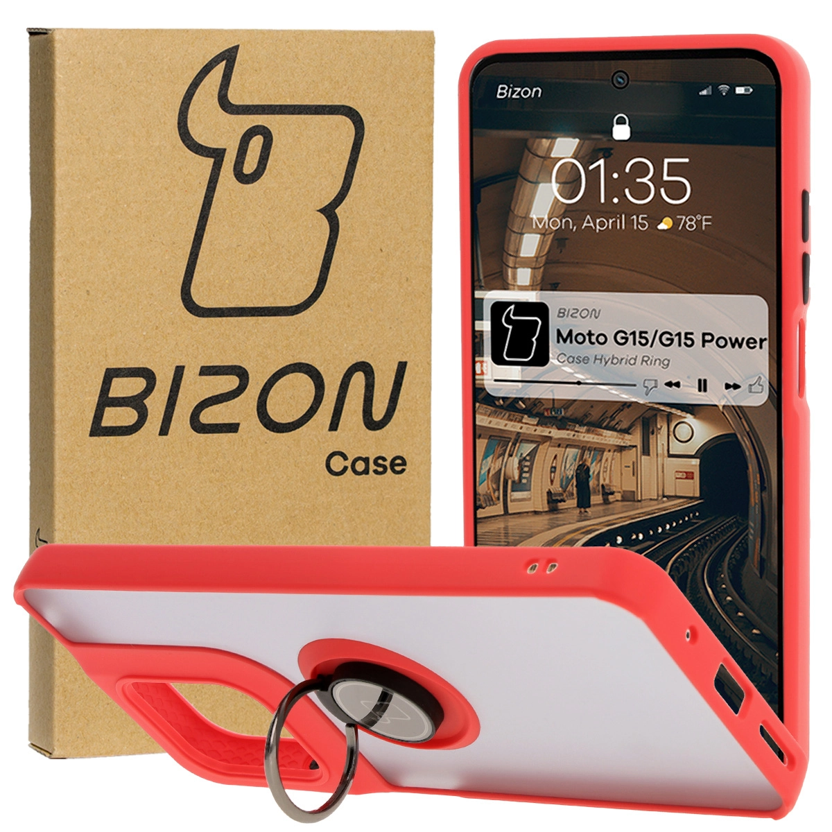 Etui Bizon z uchwytem na palec Hybrid Ring do Motorola Moto G15 / G15 Power Przydymione z czerwoną ramką
