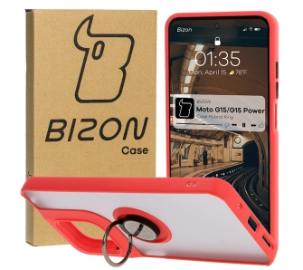 Etui Bizon z uchwytem na palec Hybrid Ring do Motorola Moto G15 / G15 Power Przydymione z czerwoną ramką