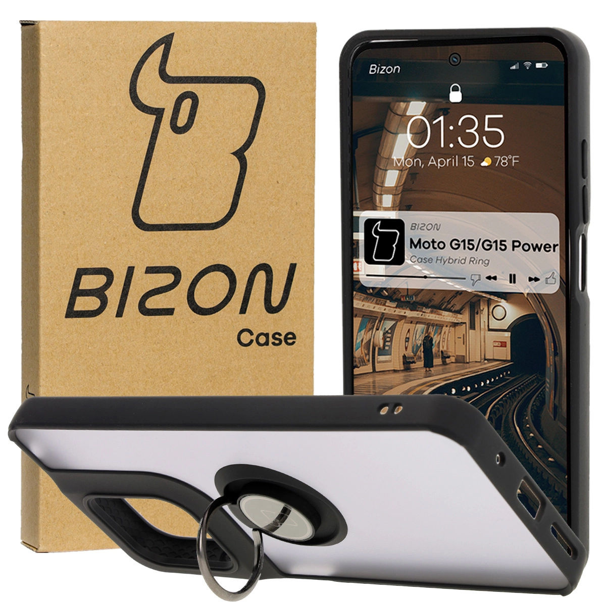 Etui Bizon z uchwytem na palec Hybrid Ring do Motorola Moto G15 / G15 Power Przydymione z czarną ramką