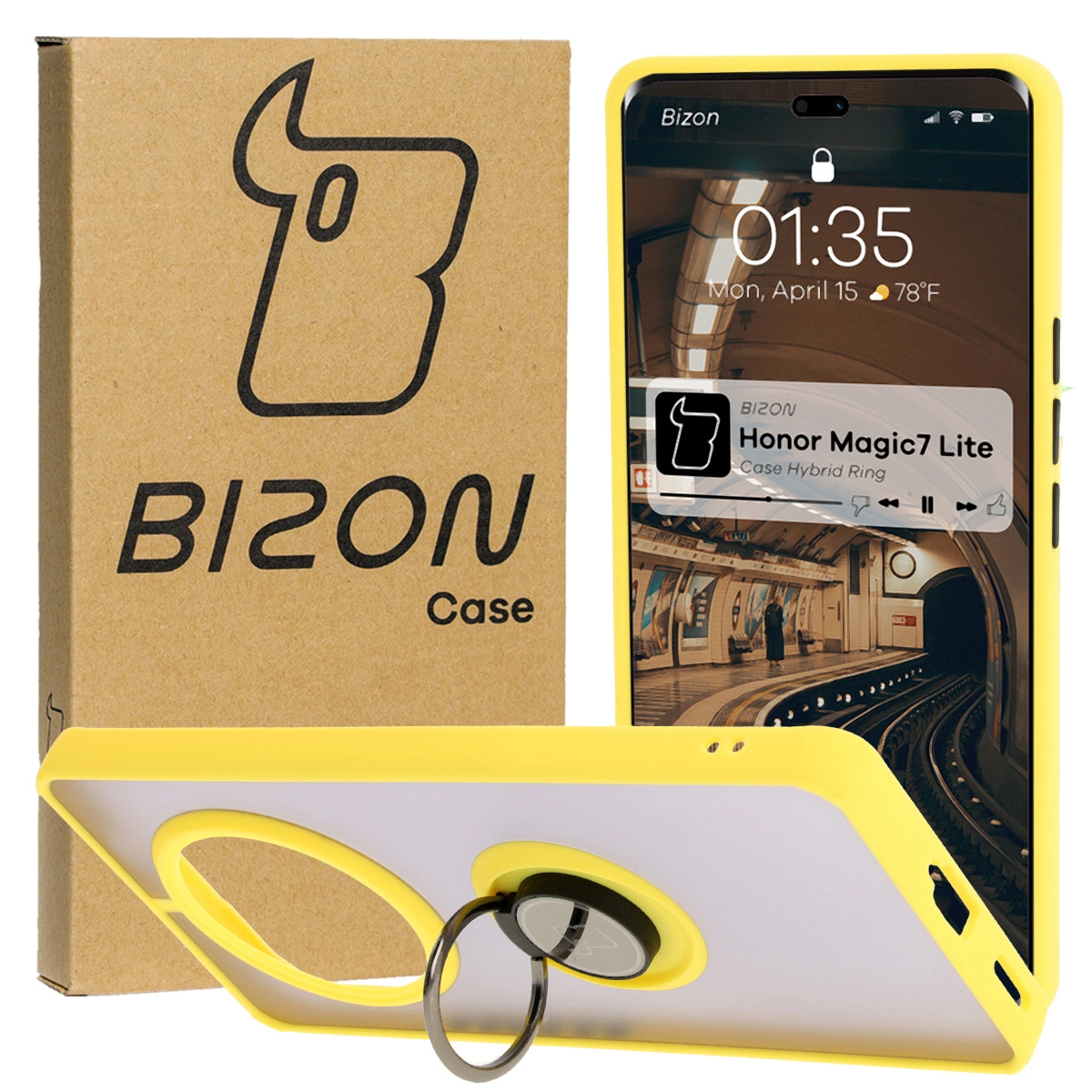 Etui Bizon z uchwytem na palec Hybrid Ring do Honor Magic7 Lite Przydymione z żółtą ramką