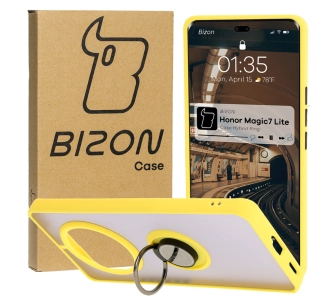 Etui Bizon z uchwytem na palec Hybrid Ring do Honor Magic7 Lite Przydymione z żółtą ramką