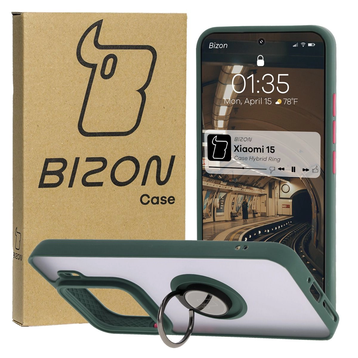 Etui Bizon z uchwytem na palec Hybrid Ring do Xiaomi 15 Przydymione z ciemnozieloną ramką