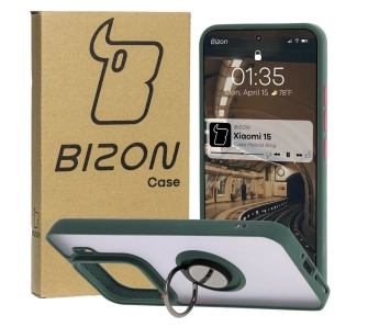 Etui Bizon z uchwytem na palec Hybrid Ring do Xiaomi 15 Przydymione z ciemnozieloną ramką