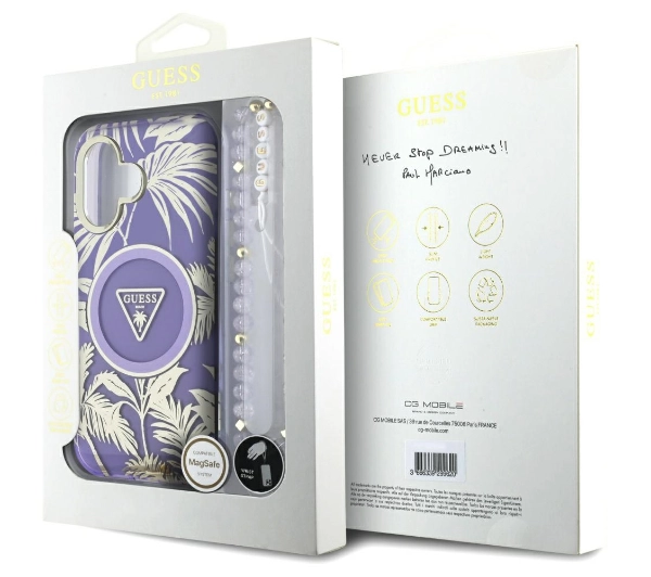 Guess Palm Trees Triangle Pearl Strap MagSafe do iPhone 16 Fioletowy