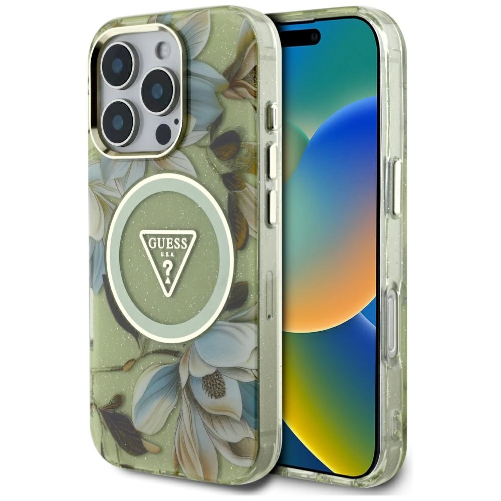 Etui Guess Glitter Flowers Triangle Buttons MagSafe do iPhone 16 Pro Max Zielony
