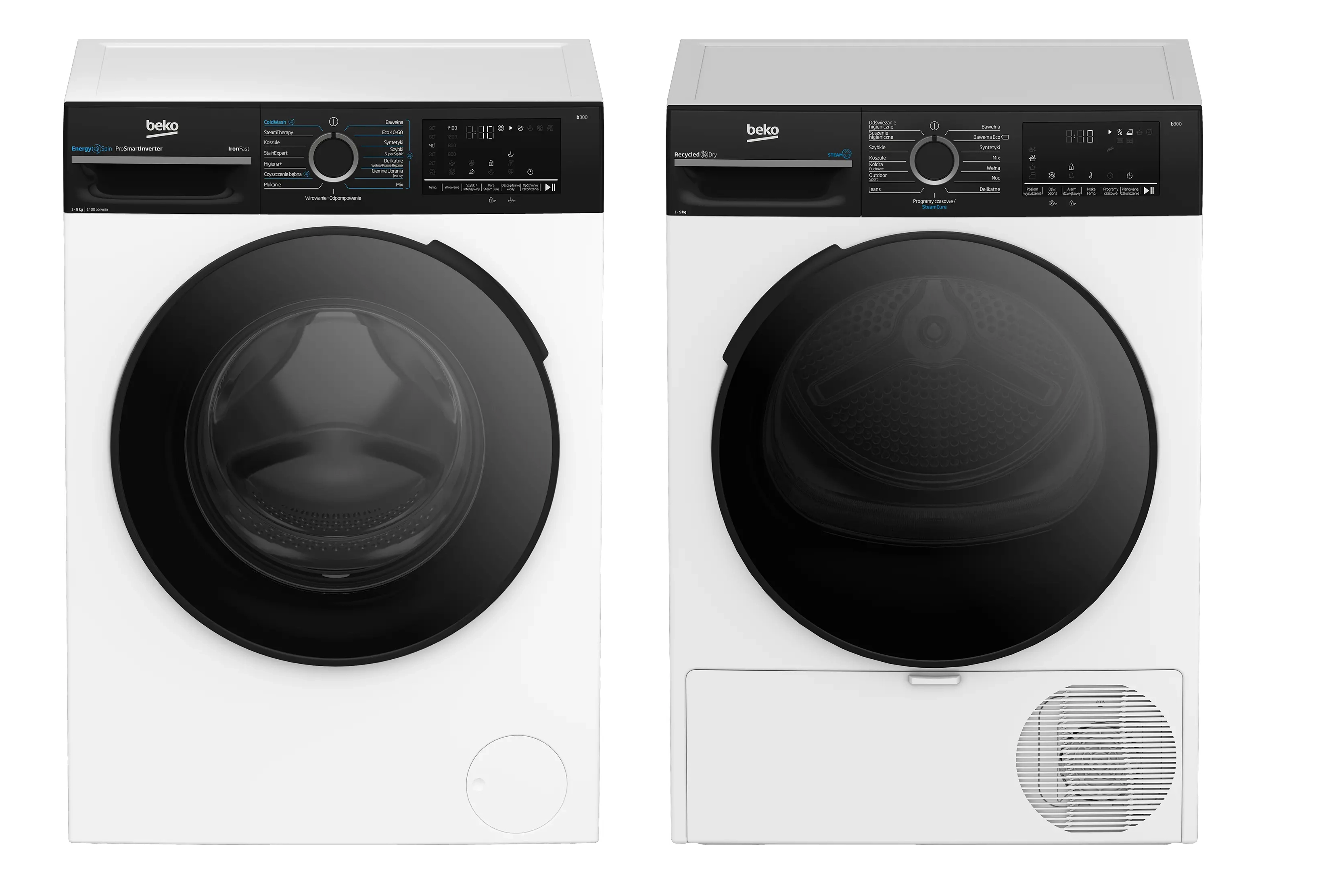 Zestaw Beko pralka b300 BM3WFU49415WBDC EnergySpin 9kg 1400obr/min + suszarka b300 BM3T49249WBDC 58,6cm 9kg