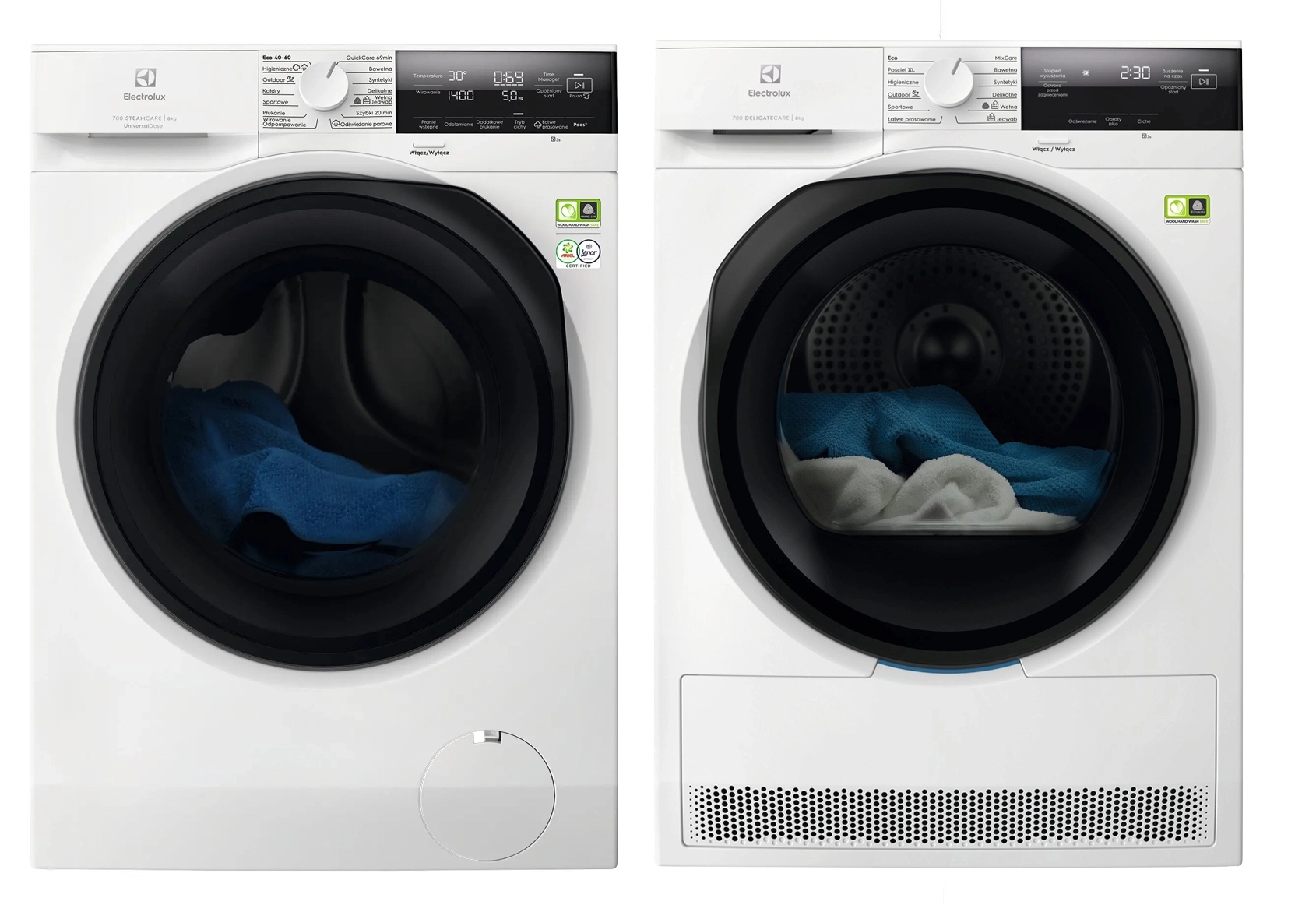 Zestaw Electrolux pralka 700 SteamCare EW7F3487UP 8kg 1400obr/min + suszarka 700 DelicateCare EW7D387UP 63,6cm 8kg