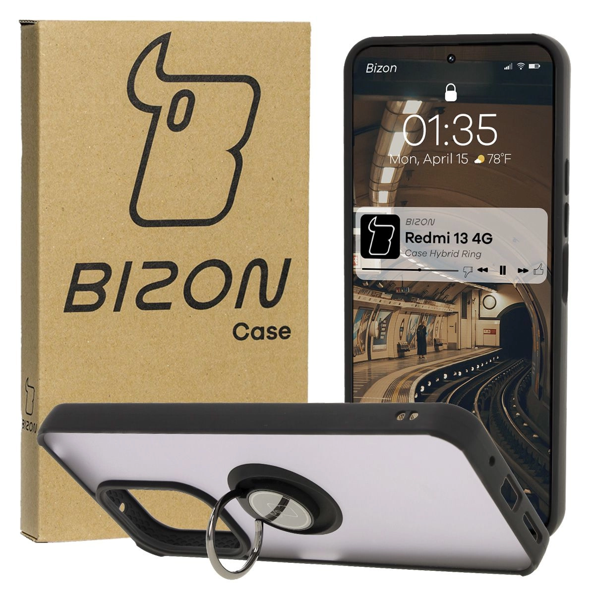 Etui Bizon z uchwytem na palec Hybrid Ring do Xiaomi Redmi 13 4G przydymione z Czarną ramką