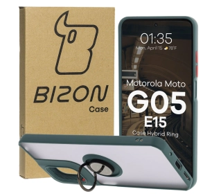 Bizon z uchwytem na palec Hybrid Ring do Motorola Moto G05/E15 przydymione z Ciemnozieloną ramką
