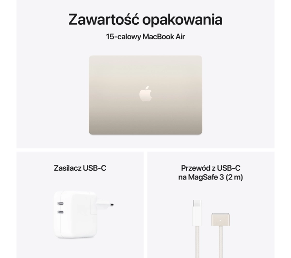 Apple MacBook Air 2025 15,3" M4 16GB RAM 256GB Dysk macOS Księżycowa poświata 70W Funkcje AI - Kup na Raty - RRSO 0%