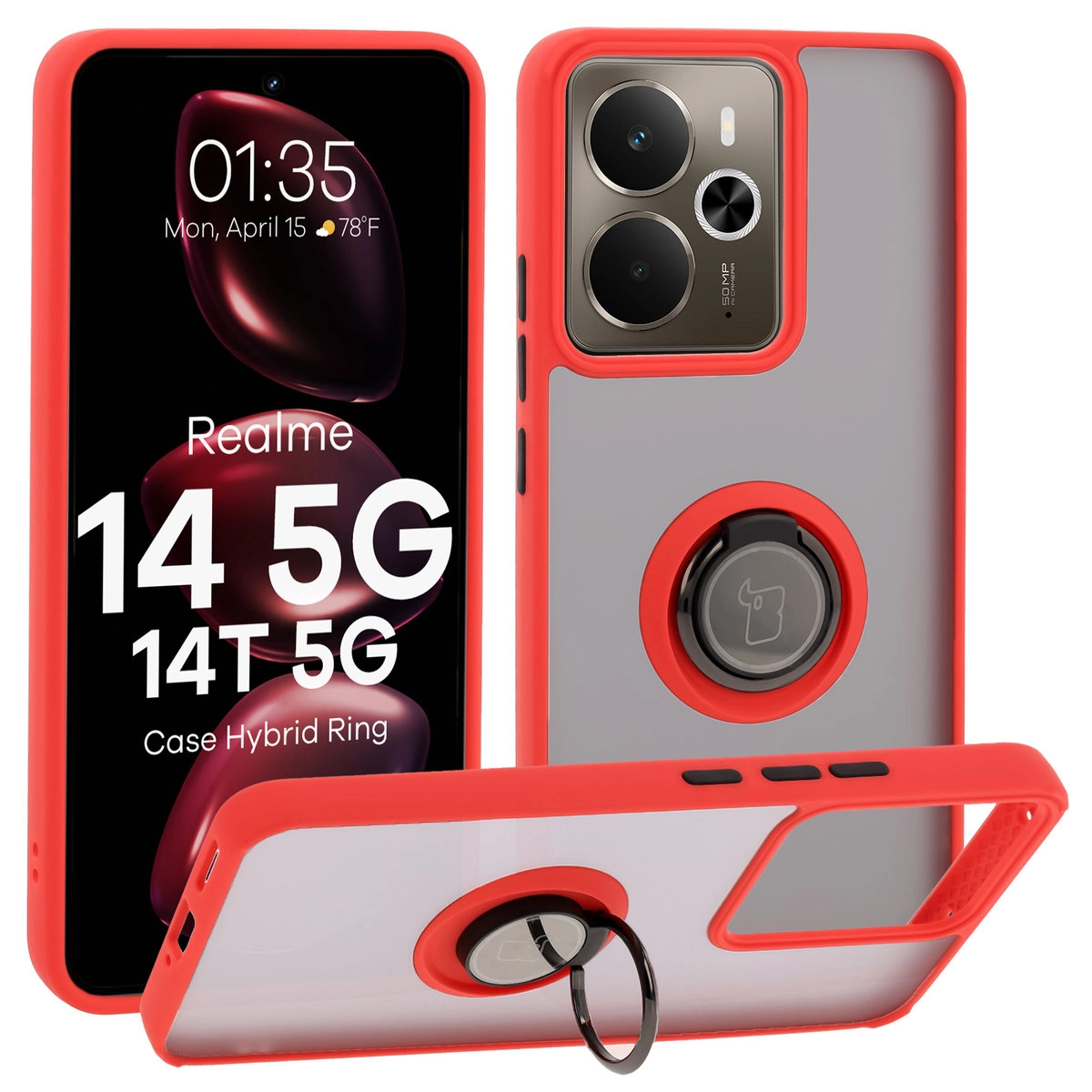 Etui Bizon z uchwytem na palec Hybrid Ring do Xiaomi POCO F7 Pro Przydymione z Czerwoną ramką
