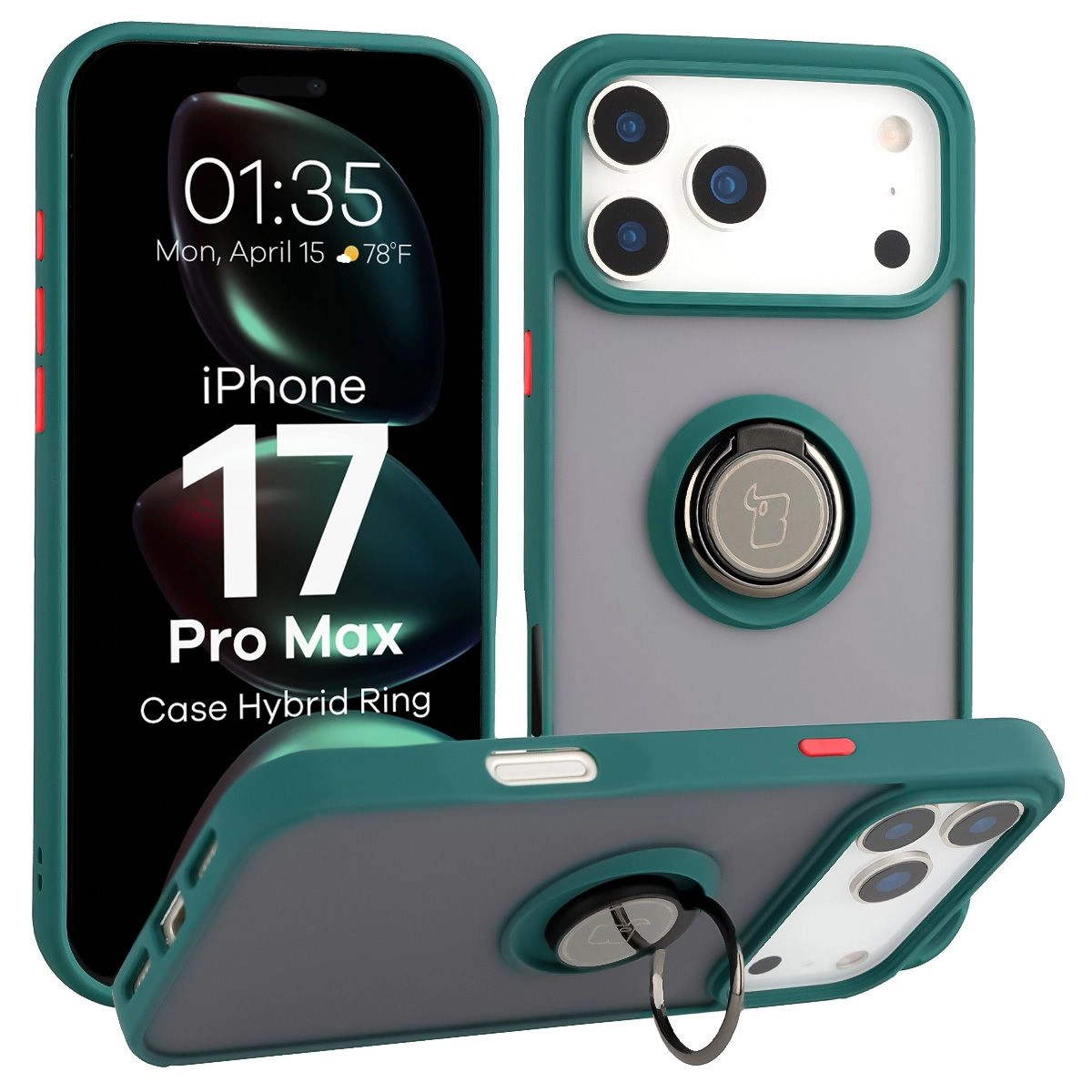 Etui Bizon z uchwytem na palec Hybrid Ring do Apple iPhone 17 Pro Max Przydymione z zieloną ramką