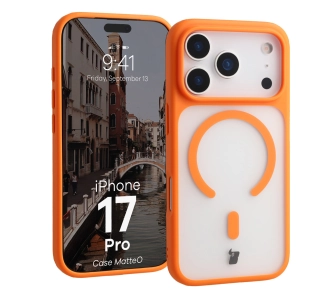 Etui Bizon MatteO z MagSafe do Apple iPhone 17 Pro Półprzezroczyste z pomarańczową ramką