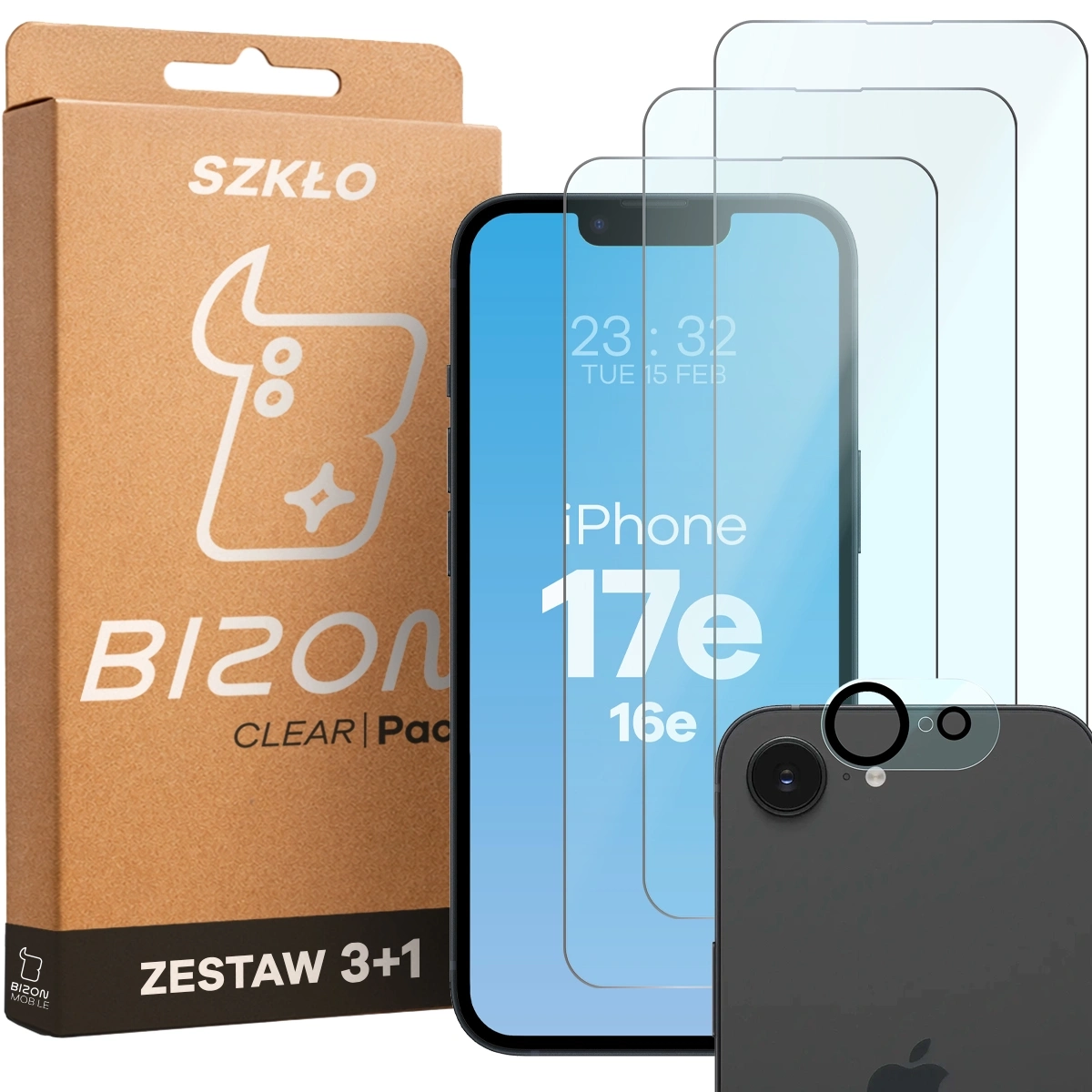 Zestaw ochronny Bizon 3x szkło + szybka na aparat Clear 2 Pack do Apple iPhone 16e/17e