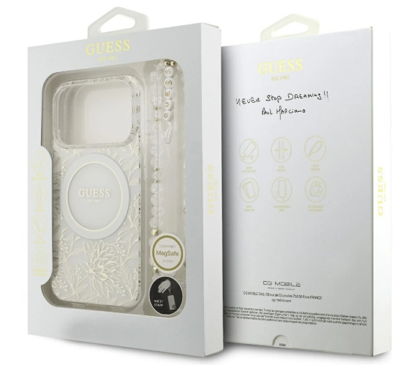 Guess IML Flowers Electro Pearl Strap MagSafe do iPhone 17 Pro biały