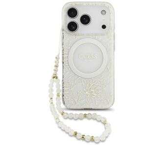 Etui Guess IML Flowers Electro Pearl Strap MagSafe do iPhone 17 Pro biały