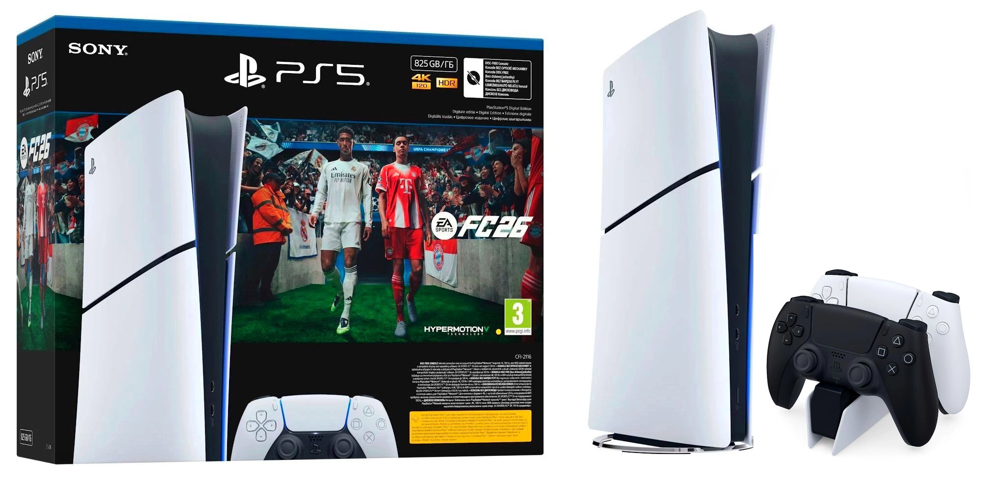 Konsola Sony PlayStation 5 Digital Slim E Chassis (PS5) 825GB EA SPORTS FC 26 Bundle + Dodatkowy Pad Czarny + Stacja Ładowania