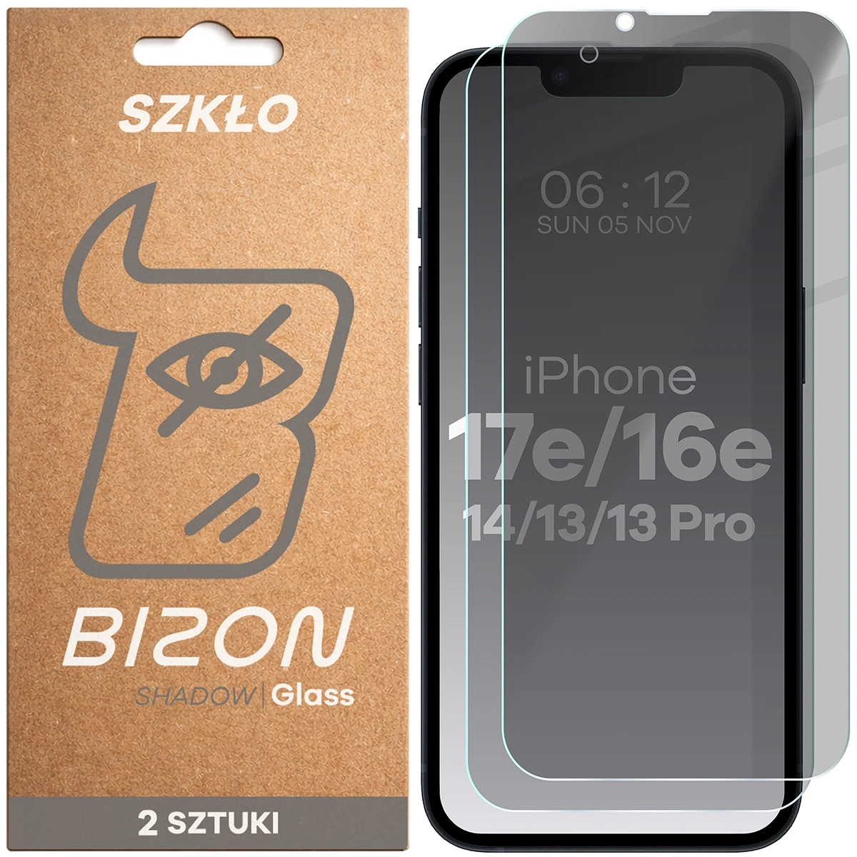Szkło hartowane Bizon prywatyzujące Clear Shadow Duo do iPhone 16e / 14 / 13 Pro / 13 / 17e 2 sztuki