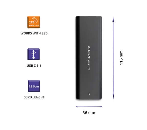 Qoltec 50312 M.2 SSD NVME PCI-E USB typ C Czarny