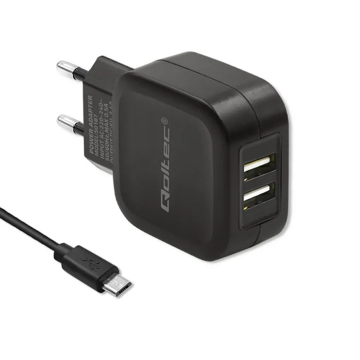 Ładowarka sieciowa Qoltec 50187 2x USB-A 17W Czarny + Kabel microUSB