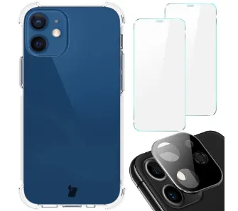Etui Bizon elastyczne etui + 2x szkło hartowane + szkło na aparat Clear Pack do iPhone 12 Mini