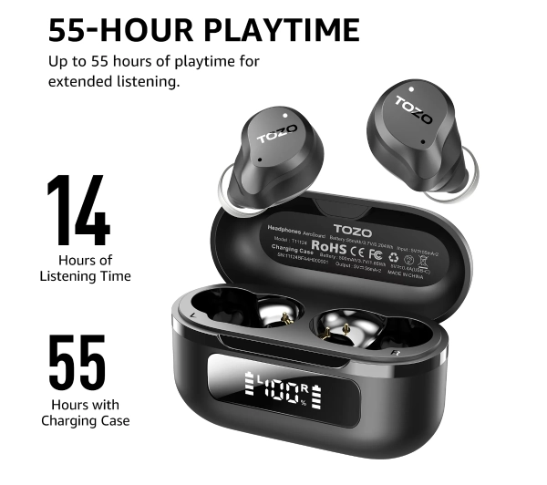 Tozo AeroSound Dokanałowe Bluetooth 5.3 Czarny