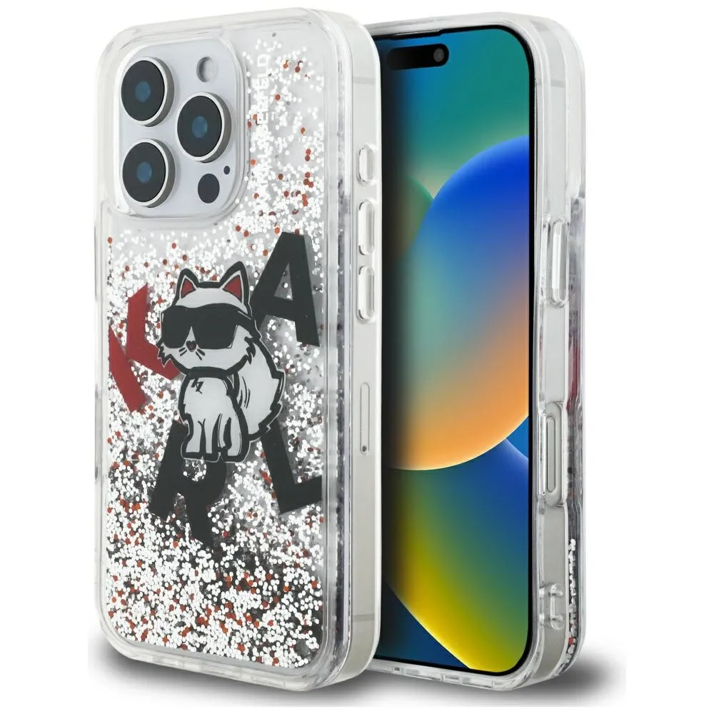 Etui Karl Lagerfeld Liquid Glitter Choupette Logo do iPhone 16 Pro Max Przezroczysty