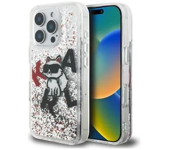 Etui Karl Lagerfeld Liquid Glitter Choupette Logo do iPhone 16 Pro Max Przezroczysty